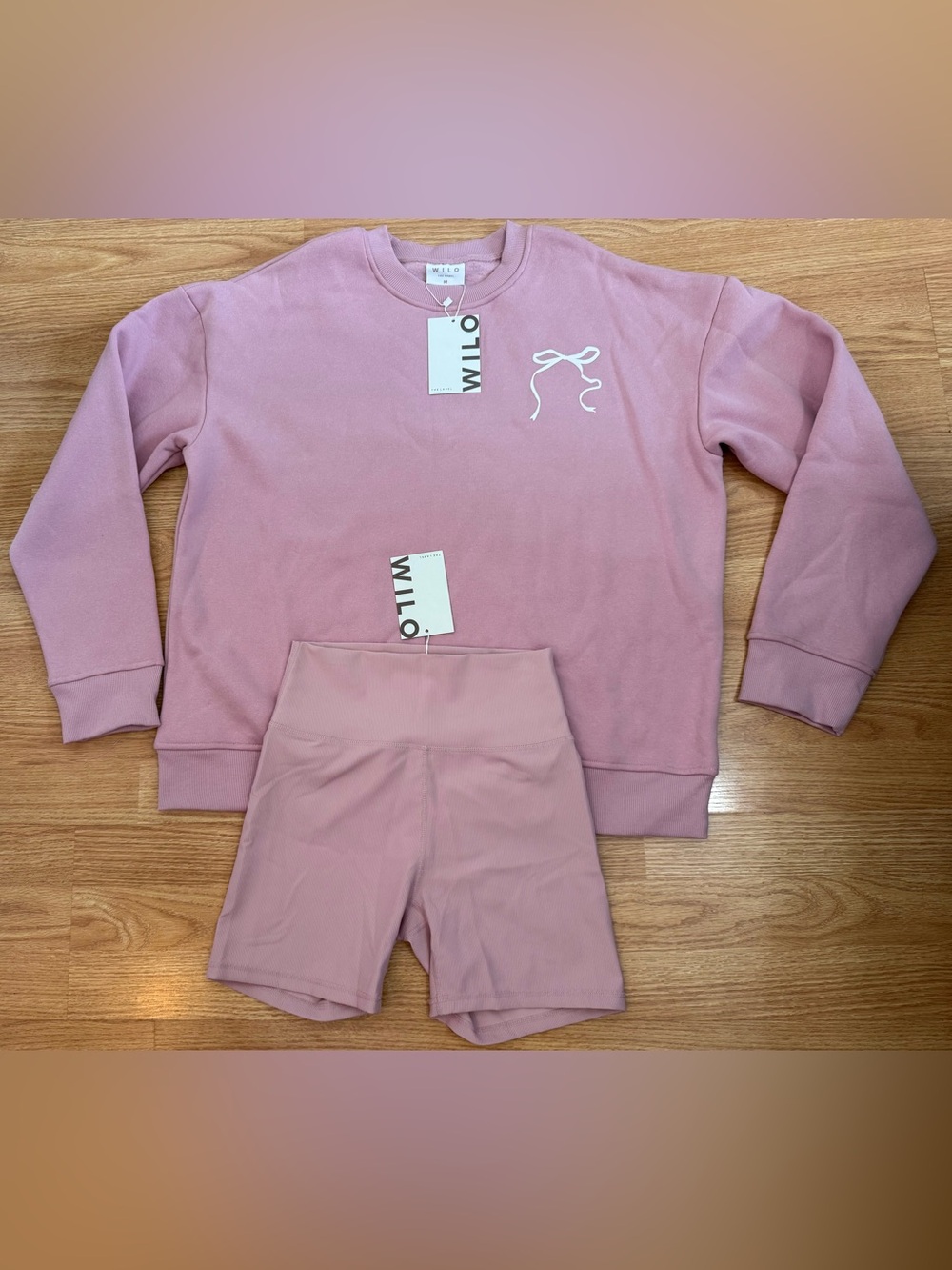Wilo “The Label” 2pc Shorts/Crewneck Bow Set - Womens M - Blush Pink - NWT